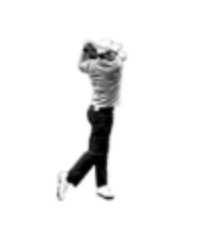 A golfer at P10, finish, seen face on