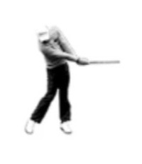 A golfer at P8, post-impact, seen face on